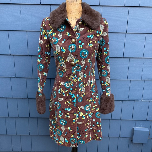 Sookie des l.a. Jackets & Blazers - Vintage Sookie des L.A. Floral Brown Coat with Faux Fur Trim velvet